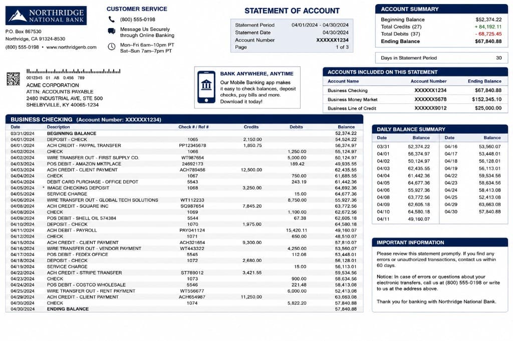 Sample business bank statement of account
