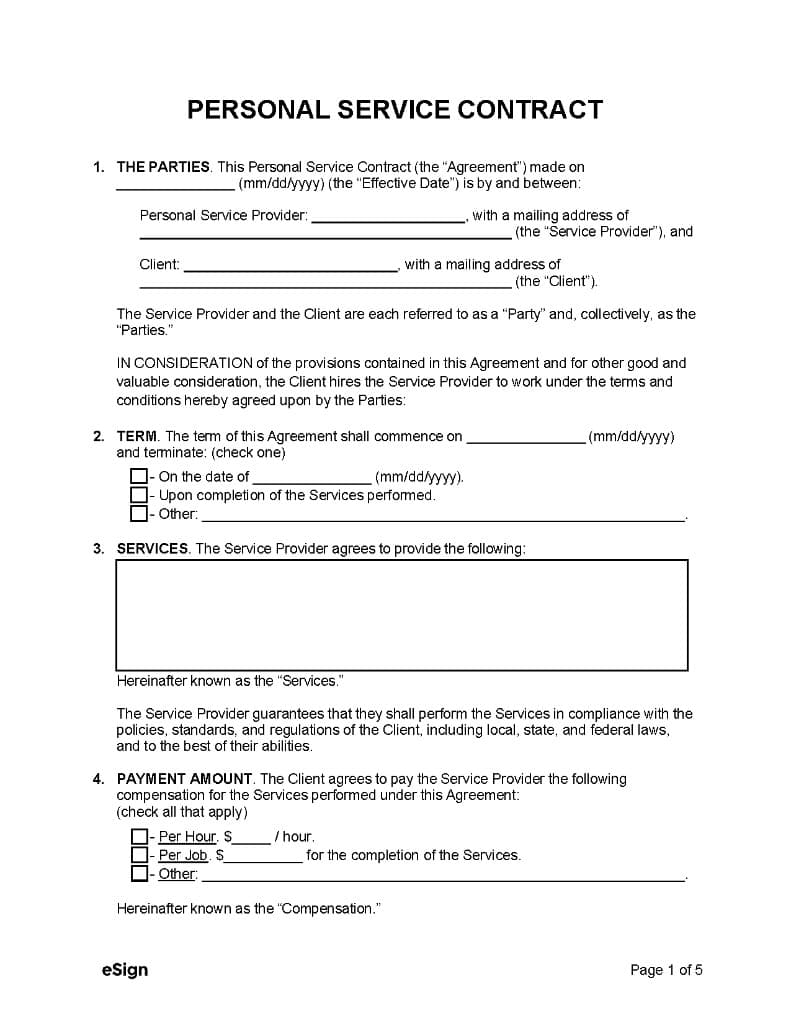 Sample personal service contract PDF, page 1 of 5