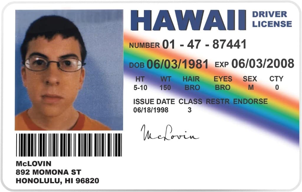 Sample Hawaii driver license identity card