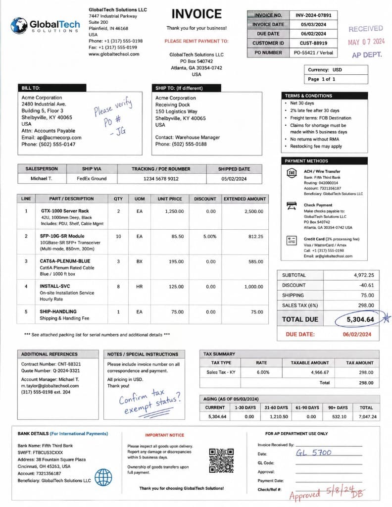 Sample scanned commercial invoice